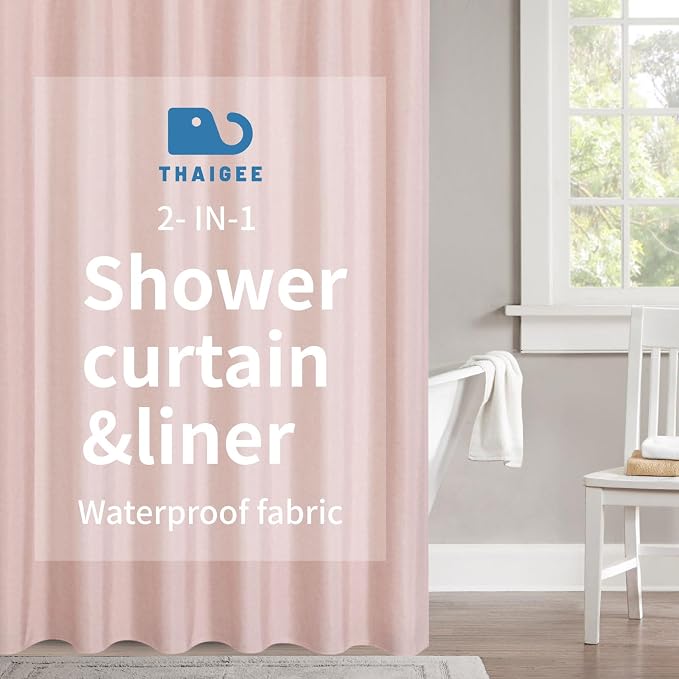 2-in-1 Waterproof Fabric Shower Curtain or Liner, Linen Textured, Breathable by THAIGEE