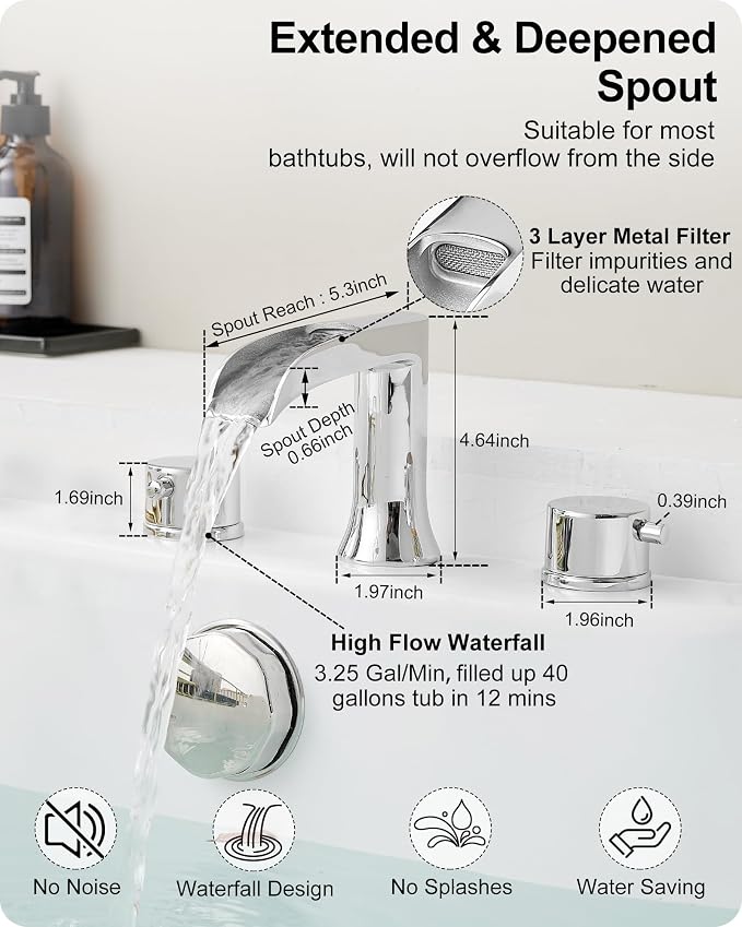 Waterfall Bathtub Faucet Set, Chrome Deck Mount Tub Faucet High Flow Brass Bath - Image 5