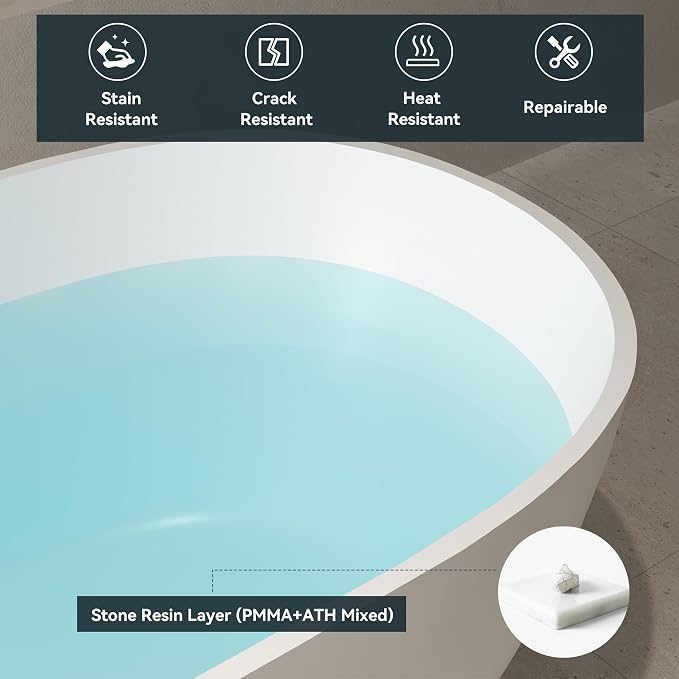 FerdY Fiji 69" Stone Resin Freestanding Bathtub, Classic Oval Shape Soaking - Image 6