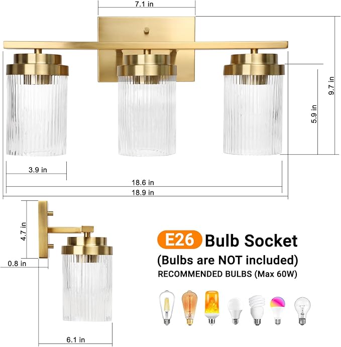 Gold Bathroom Light Fixtures 3 Lights Vanity Light - Image 4