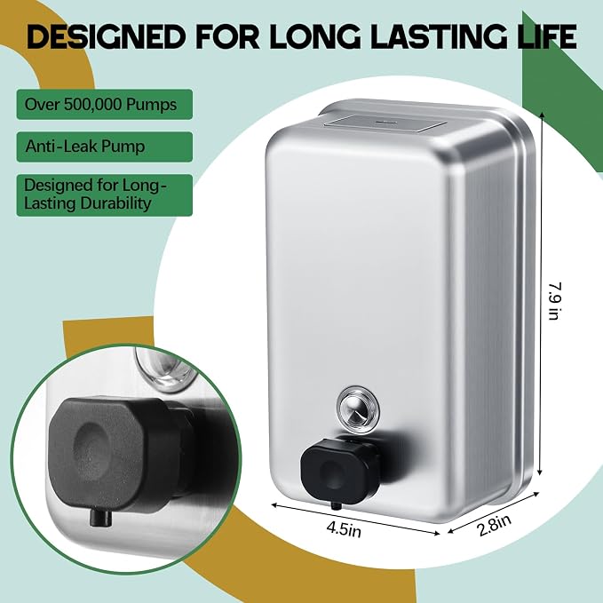 Maxdot 2 Pcs 37 oz/1100 ml Commercial Stainless Steel Soap Dispenser Wall Mount - Image 2