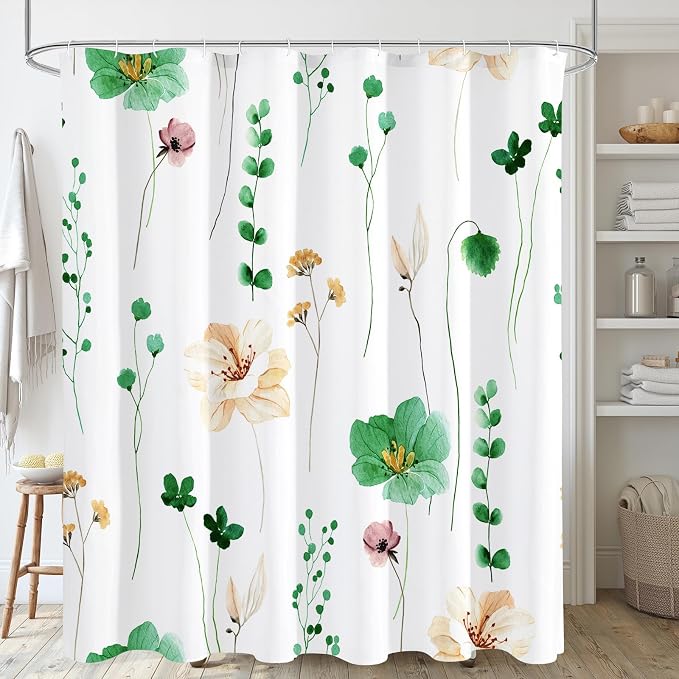 Gibelle Watercolor Floral Shower Curtain, Emerald Green Beige Flower Shower by Gibelle
