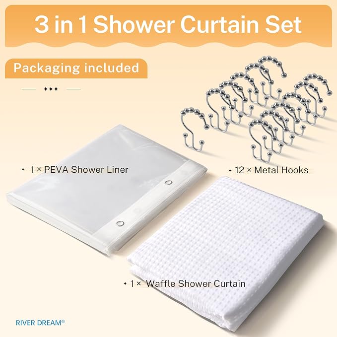 River Dream 3 in 1 Waffle Shower Curtain Set, - Image 7