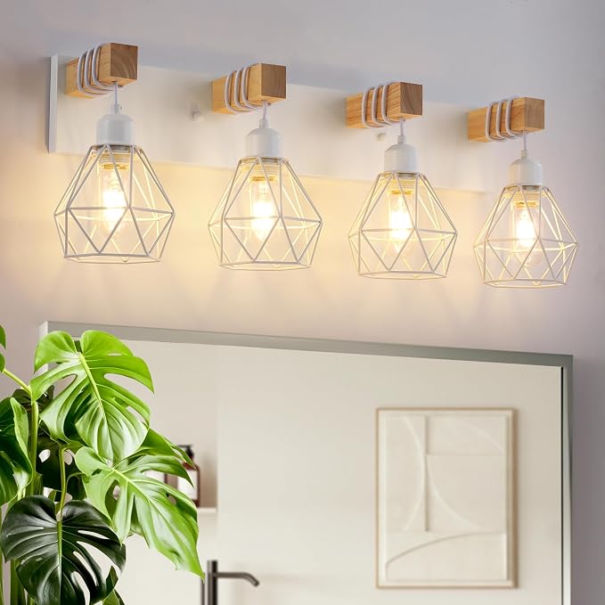Farmhouse Vanity Light for Bathroom, 4-Light White Wood Bathroom Vanity Light - Image 8