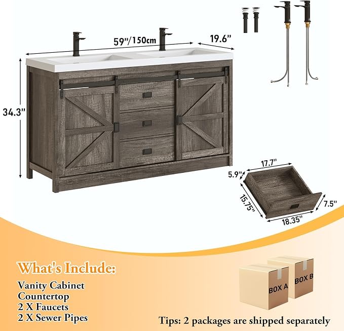 Double Bathroom Vanity with Sink & Faucet & Sewer Pipes, Double Sink Vanities - Image 2