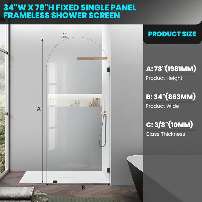 Bathroom Glass Shower Door Panel, 3/8" Thick Clear Tempered Glass Shower Door - Image 4