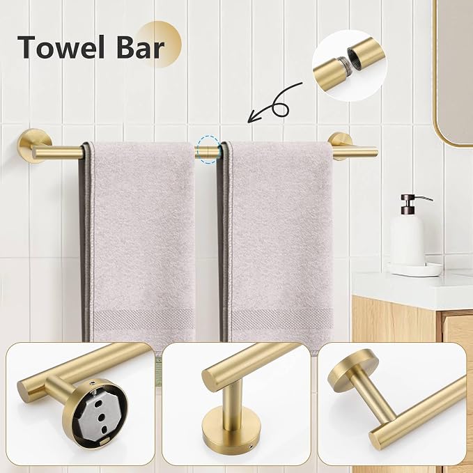 TNOMS 5-Piece Towel Bar Set Brushed Gold Bathroom Hardware Accessories Set - Image 2