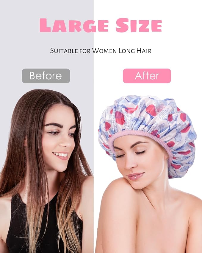 Auban Shower Cap, Shower Cap for Women Terry Cloth Lined EVA Exterior Reusable - Image 3