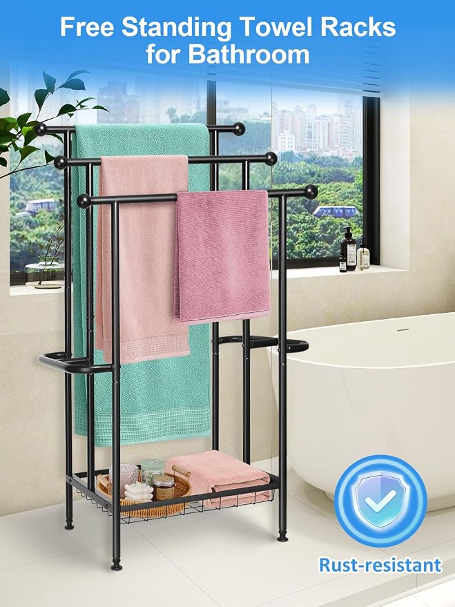 Freestanding Towel Rack, 3-Tier Heavy-Duty Metal Stand - Image 5