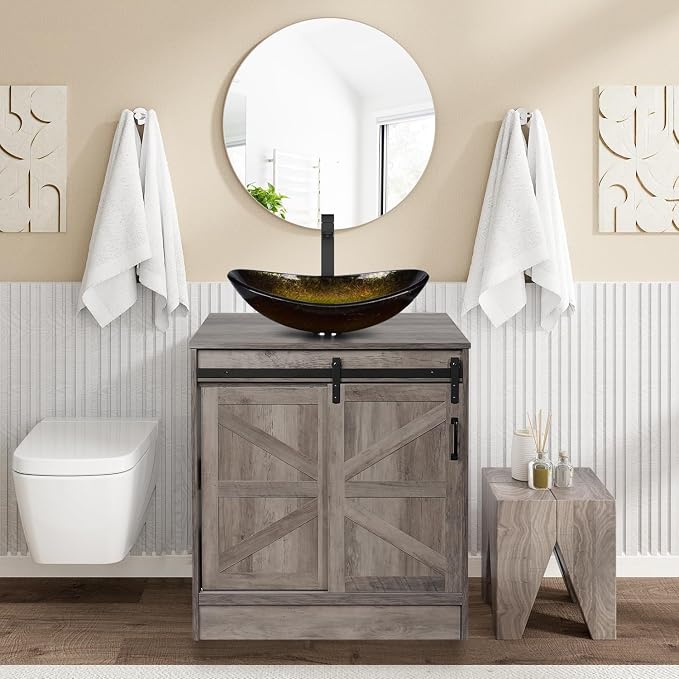 30 Inch Barn Door Bathroom Vanity, Farmhouse Style Standing Pedestal Cabinet by Solidee