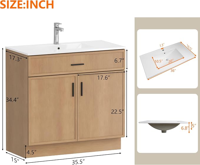 36 Inch Bathroom Vanity Without Sink, Freestanding Wood Farmhouse Cabinet - Image 3