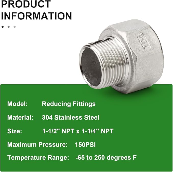 TAISHER 2PCS 304 Stainless Steel Pipe Fitting, 1-1/4" NPT Male x 1-1/2" NPT - Image 5