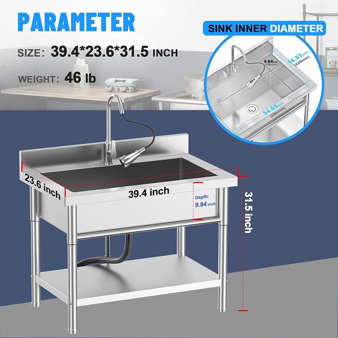 Stainless Steel Utility Sink, Cold and Hot Water Pipe, Indoor and Outdoor - Image 2