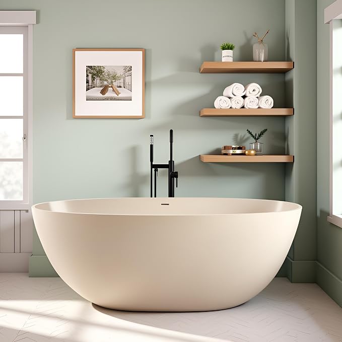 Stone Resin Freestanding Bathtub 65", Elegant Oval Shape Soaking Tub, Solid by MEDUNJESS