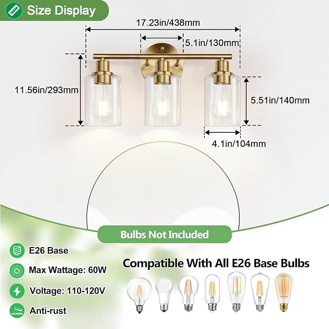 3-Light Bathroom Light Fixtures, Brushed Brass Bathroom Wall Lights - Image 7