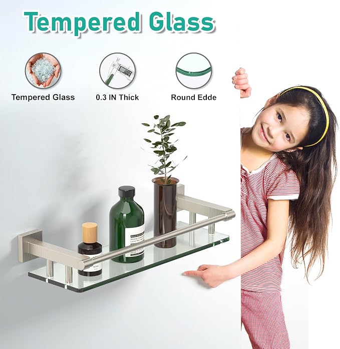 Glass Shelves for Bathroom, 16IN Brushed Nickel Bathroom Shelves for Wall - Image 4