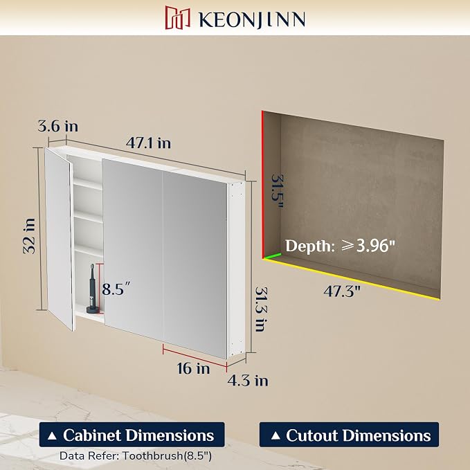 Keonjinn 48 x 32 Inch Large Medicine Cabinet Mirror, Assembly Required - Image 2