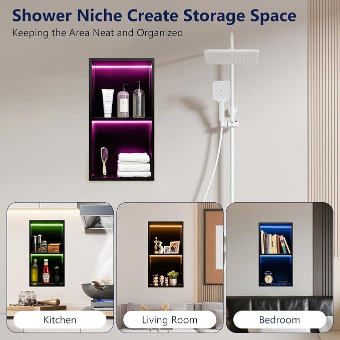 12" X 24" RGB LED Shower Niche No Tile Needed, 304 Stainless Steel Shower Niche - Image 8