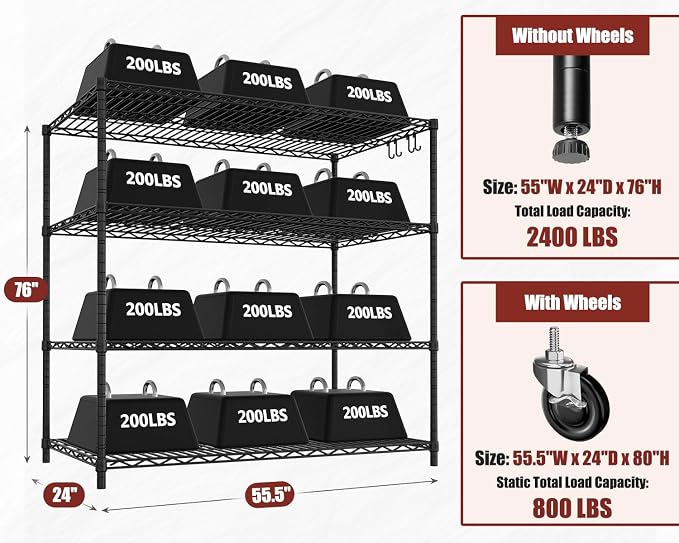 PrimeZone 2 Packs 55.5" W x 24" D x 80" H Heavy Duty Wire Storage Shelves - Image 3