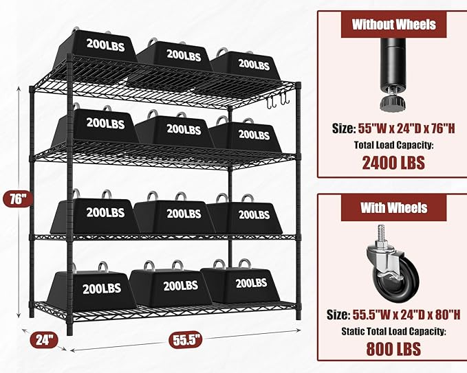 PrimeZone 4 Packs 55.5" W x 24" D x 80" H Heavy Duty Wire Storage Shelves - Image 3