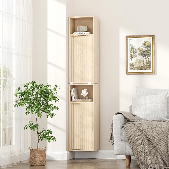 59.1" Tall Slim Bathroom Storage Cabinet Oak | Freestanding or Wall Mounted - Image 8
