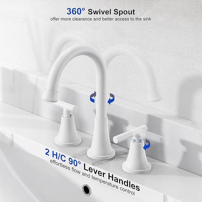 Bathroom Faucets for Sink 3 Hole, Hurran White Bathroom Sink Faucet - Image 3