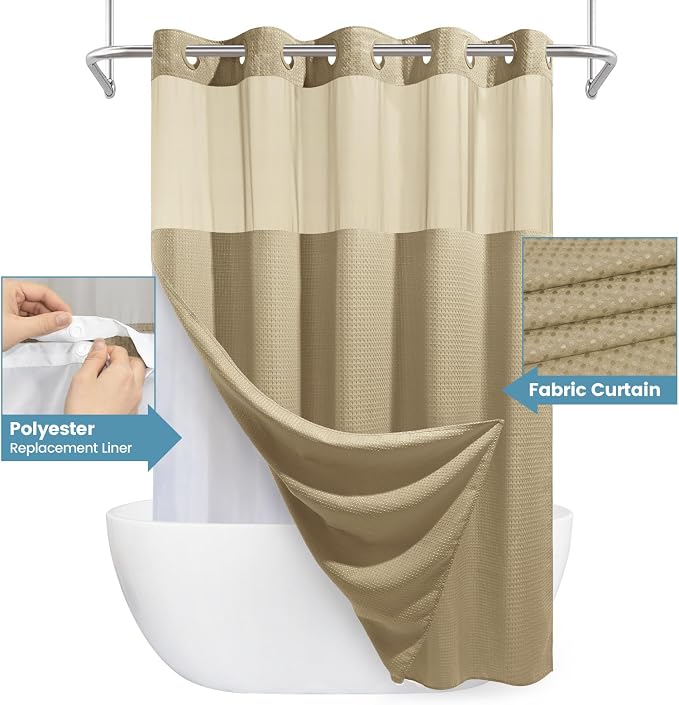 Beige No Hook Shower Curtain - Image 4