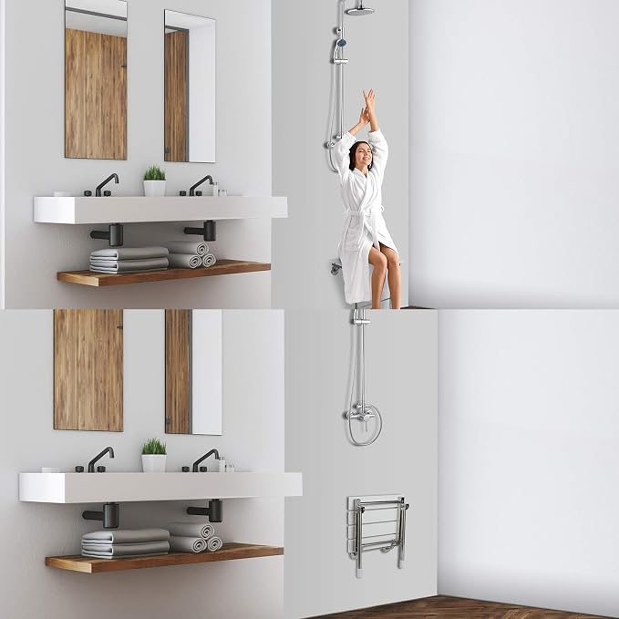 Folding Shower Seat Wall Mounted Bathroom Bathtub Safety Stool Chair, Solid Wood - Image 2