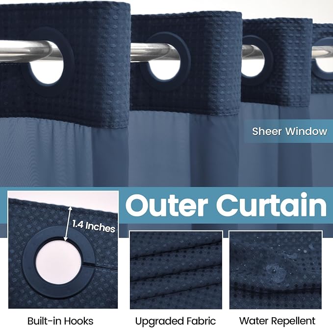 Navy Blue Long No Hook Shower Curtain - Image 5