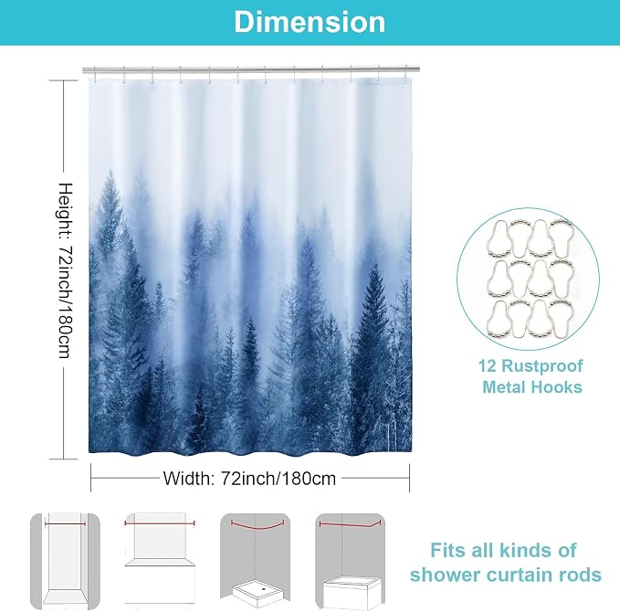 ORTIGIA Blue Shower Curtain for Bathroom, Misty Forest Nature Woodland Shower - Image 2