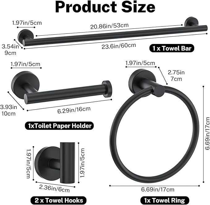 Matte Black Towel Bar Set 5-Piece Bathroom Hardware Accessories Set Includes - Image 6