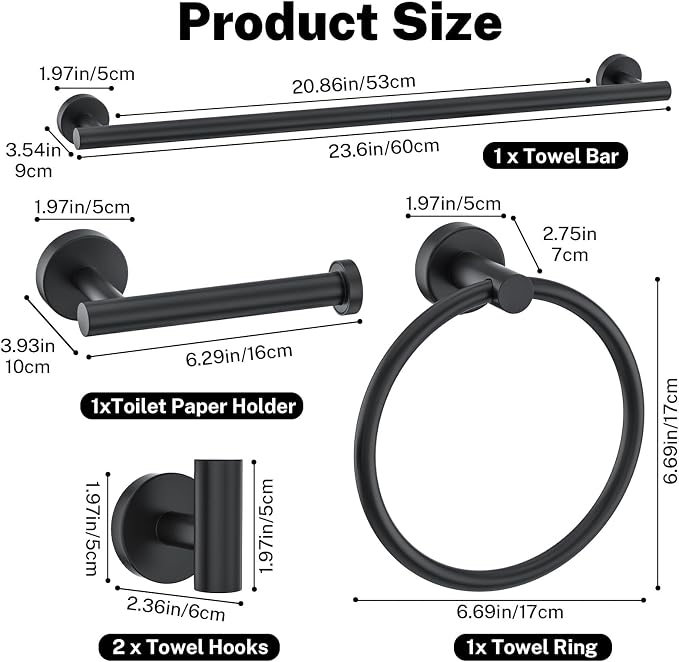 10 Pieces Towel Bar Set Matte Black Bathroom Hardware Set Includes 23.6 Inch - Image 6