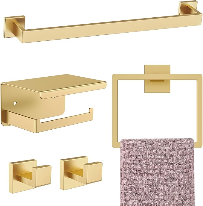 Brushed Gold Bathroom Hardware Set, 5-Piece Gold Towel Bar Set Stainless Steel by Kiakuoow