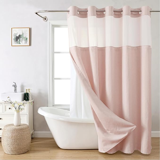 Extra Long No Hooks Needed Linen Textured Shower Curtain by EACHOPE