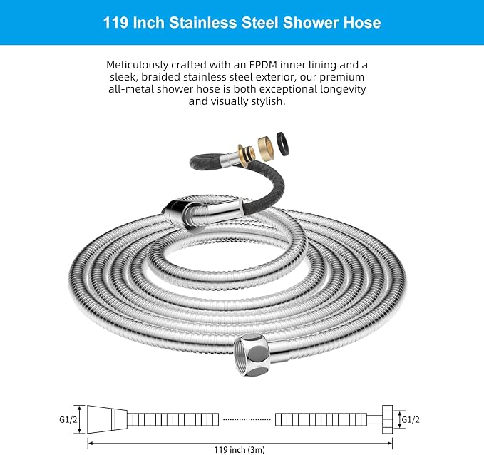 Hibbent All Metal Shower Hose, 119 Inch Stainless Steel Extra Long Shower Hose - Image 7