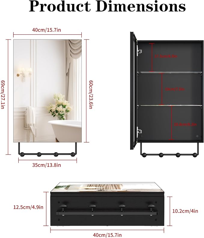 ANYHI 24"x16" Black Bathroom Mirror Medicine Cabinet, Single Door Bathroom Wall - Image 2