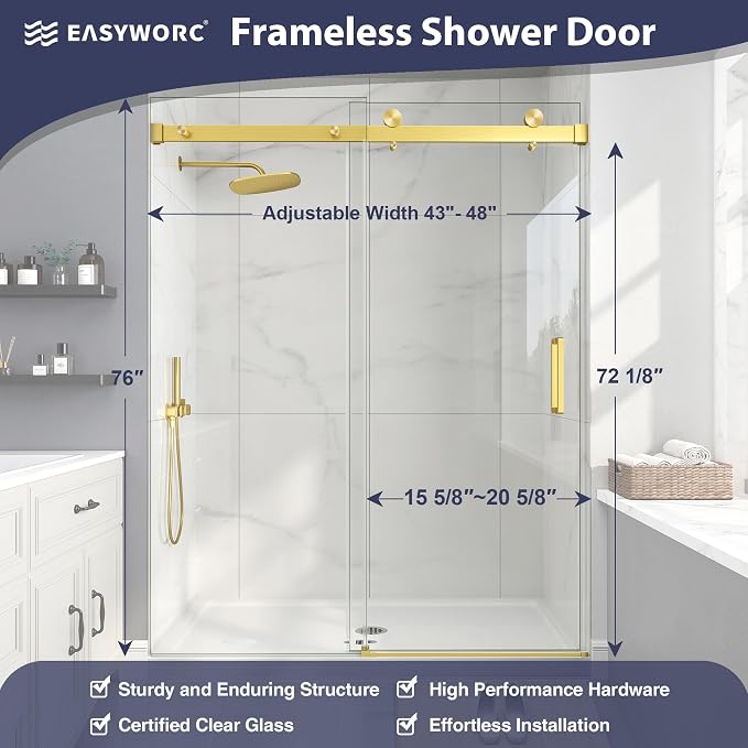Frameless Shower Door, 43-48" W x 76" H Sliding Glass Shower Door, 1/4''(6mm - Image 6