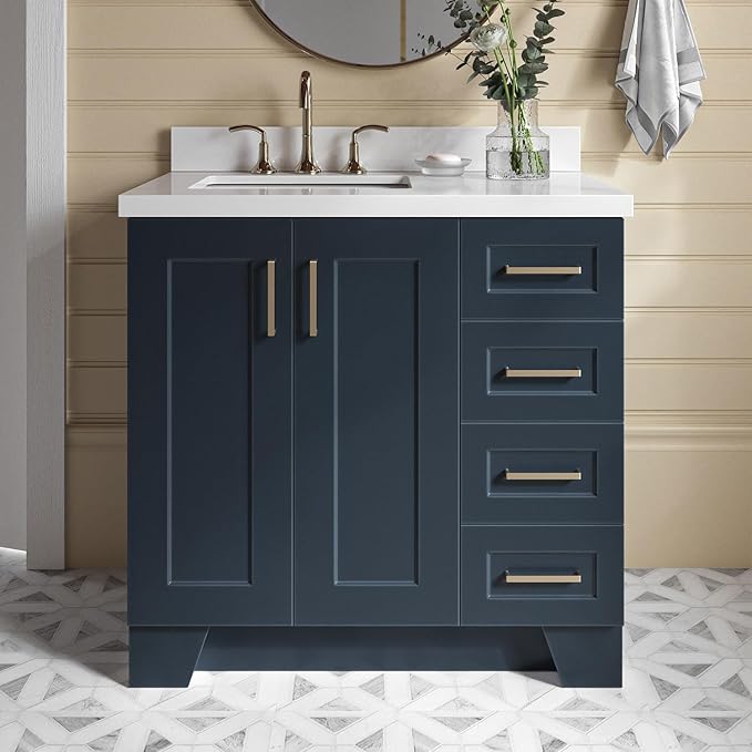 ARIEL 37" Midnight Blue Bathroom Vanity 1.5" Edge Pure White Quartz Countertop by Ariel
