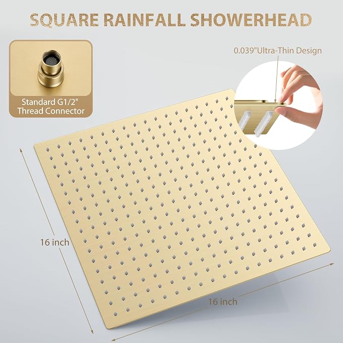 Gold Rain Shower Head, 16 Inch Ultra Thin 304 Stainless Steel Square Rainfall - Image 8