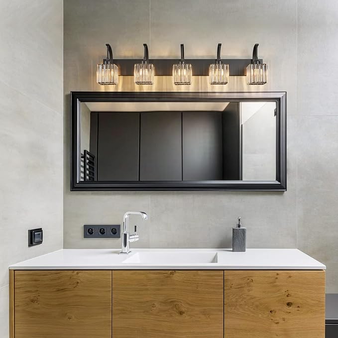 5-Light Crystal Vanity Light, Modern Black Bathroom Wall Sconce - Image 2