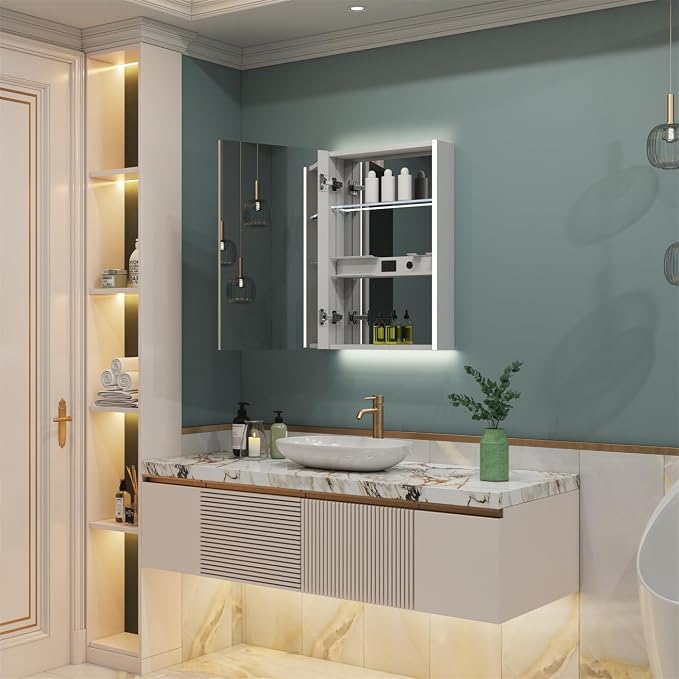 WELLFOR 24" x 30" LED Mirrored Bathroom Cabinet, Mirror Medicine Cabinet - Image 8