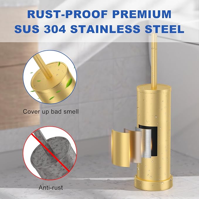 Toilet Brush and Holder Set: 304 Stainless Steel Brushed Gold Toilet Bowl Brush - Image 2