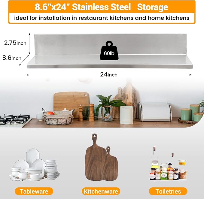 Stainless Steel Wall Shelf 8.6"x24" 60LB, 2 Packs L-Shaped Commercial Wall - Image 3