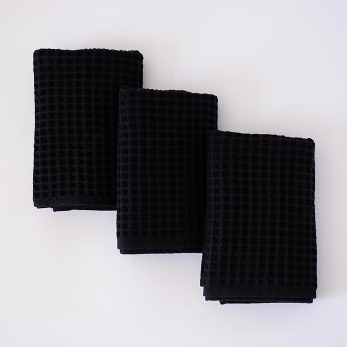 PÜSKÜL Organic Waffle Hand & Kitchen Towel 100% Turkish Cotton Set of 3 Black by P%C3%BCsk%C3%BClTextile