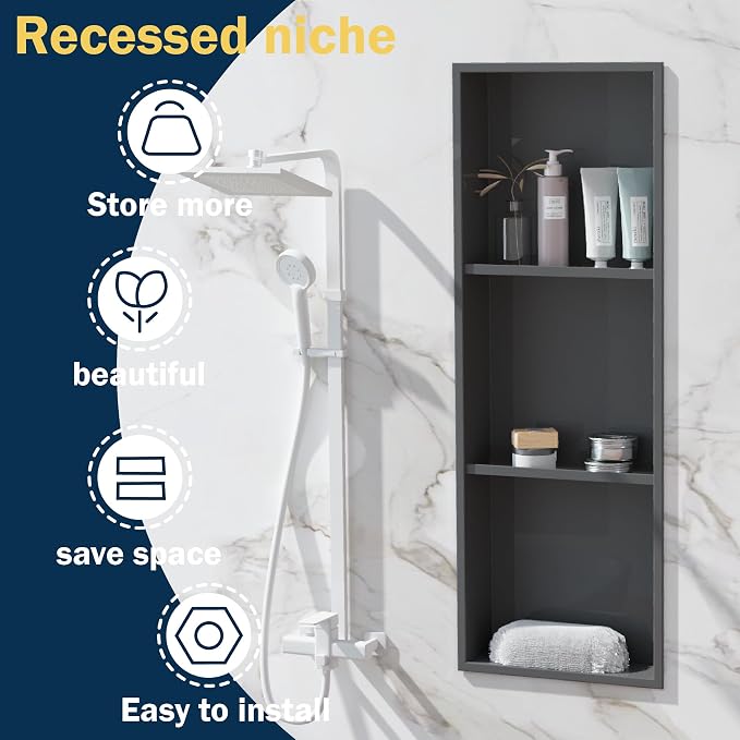 Black Stainless Steel Shower Niche 36" X 12" ，Recessed Shower Shelf - Image 5