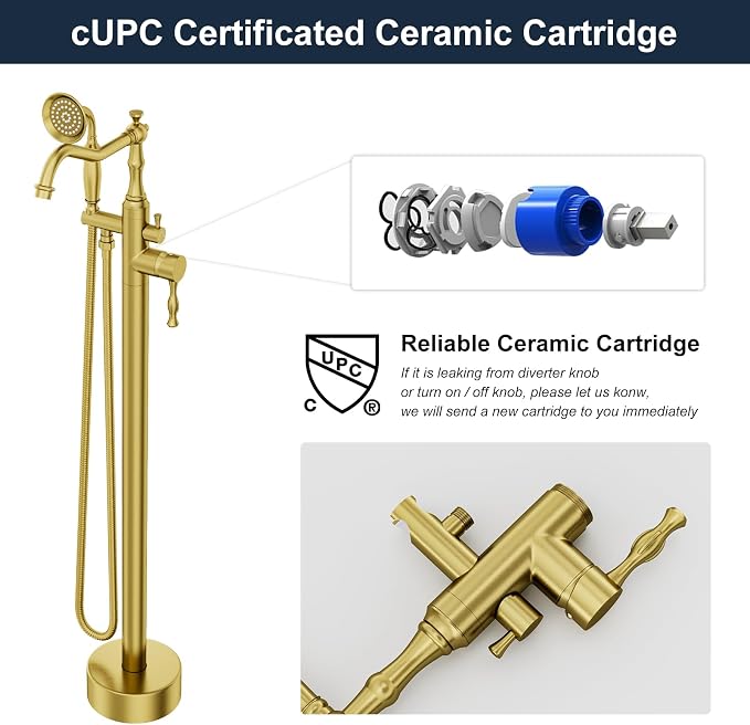 Brushed Gold Bathtub Faucet Freestanding Tub Filler High Pressure Single Handle - Image 5