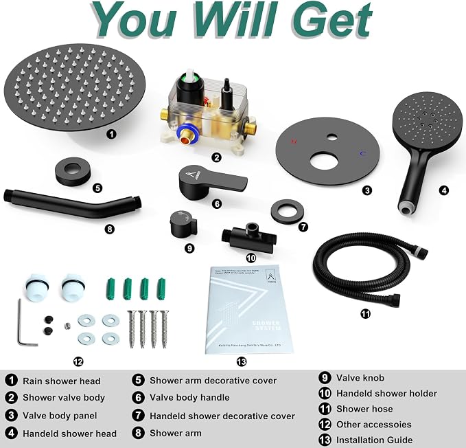 Shower Faucet Set 12IN Brass Rough-In Valve Body Trim Kit Rainfall Included - Image 7