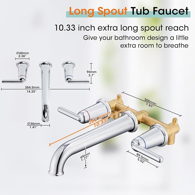 Wall Mount Tub Filler, 10.33" Extra Long Tub Spout - Image 6