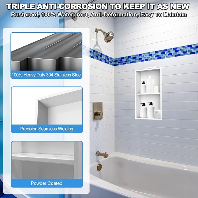 304 Stainless Steel Shower Niche Insert-Glossy White 24 x 12" No Tile Needed - Image 3