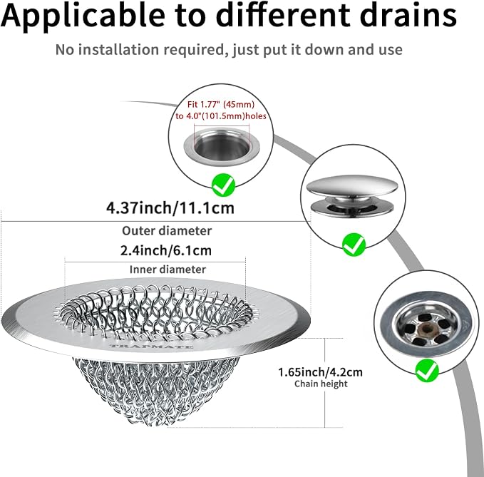 TRAPMATE 2 Pack Bathroom Sink Drain Strainer, 4.4" Fast Drainage Shower Drain - Image 4